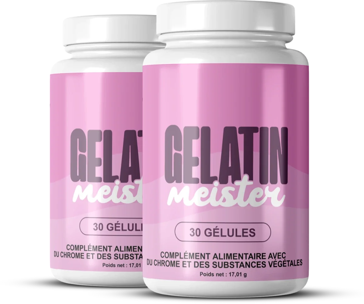 Deux flacons de Gelatin Meister posés côte à côte, tels que présentés sur la page de vente du produit